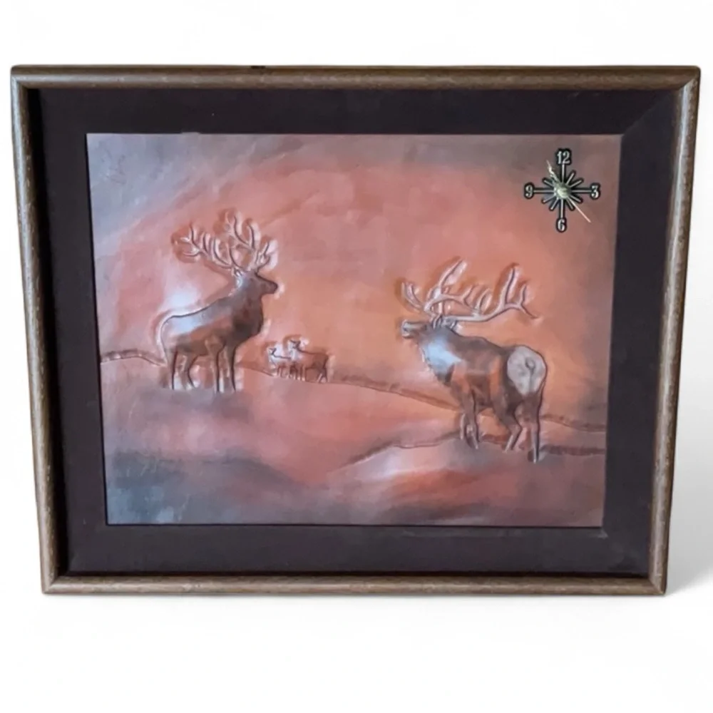 Tooled Clock LEATHER Signed Bo-BEK  Herd of Elk /Bucks 70’s Wall Decor Great
